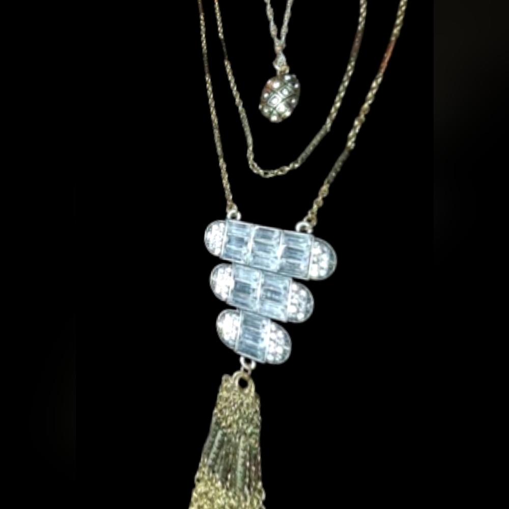 Art deco cz baguette pendant tassel multistrand layered Necklace